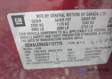 2016 Chevrolet Equinox Lt из США, поврежденный, VIN 2GNALCEK5G1127775